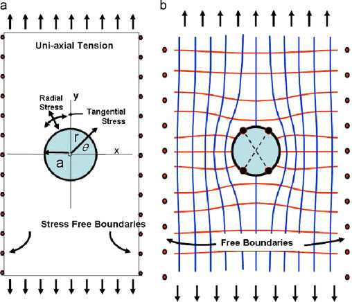Stress distribution for a around a hole under tension