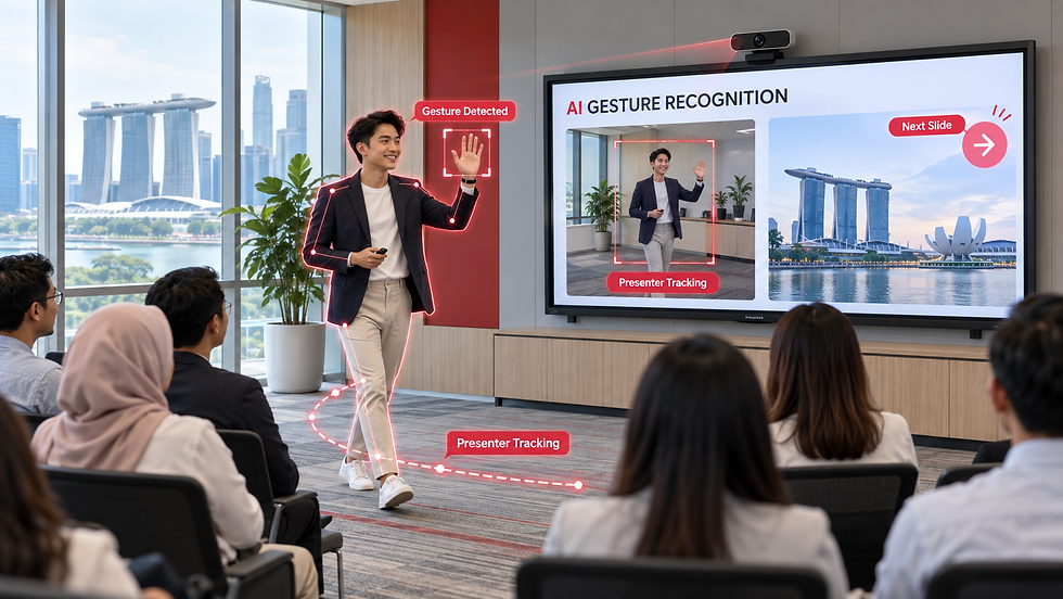 With compatible cameras and software, AI gesture recognition can detect selected hand movements, follow the presenter and control supported presentation functions from a distance.