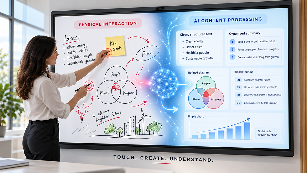 An AI smartboard combines natural touchscreen interaction with AI capabilities that can organise, summarise, translate and visualise content.