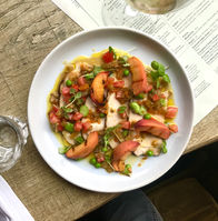 Pork loin, grilled peach, tomato salsa