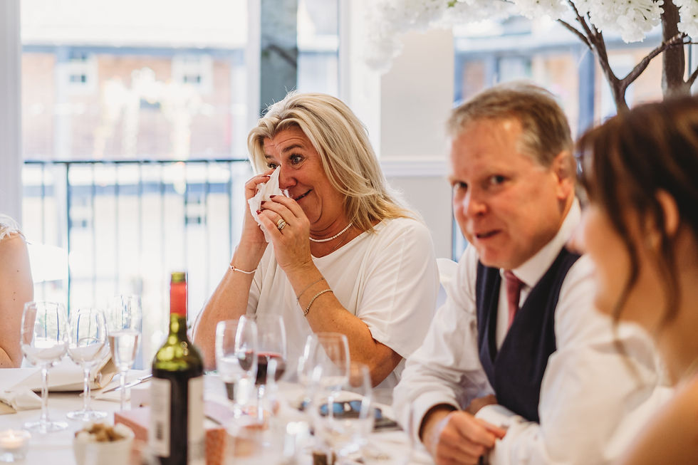mother of the bride crying during wedding speeches at Cottesmore golf club