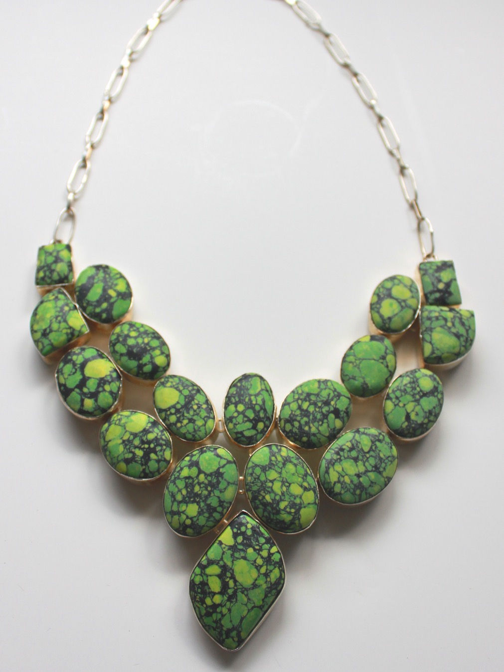 Vintage French Silver Green Mosaic Jasper Necklace