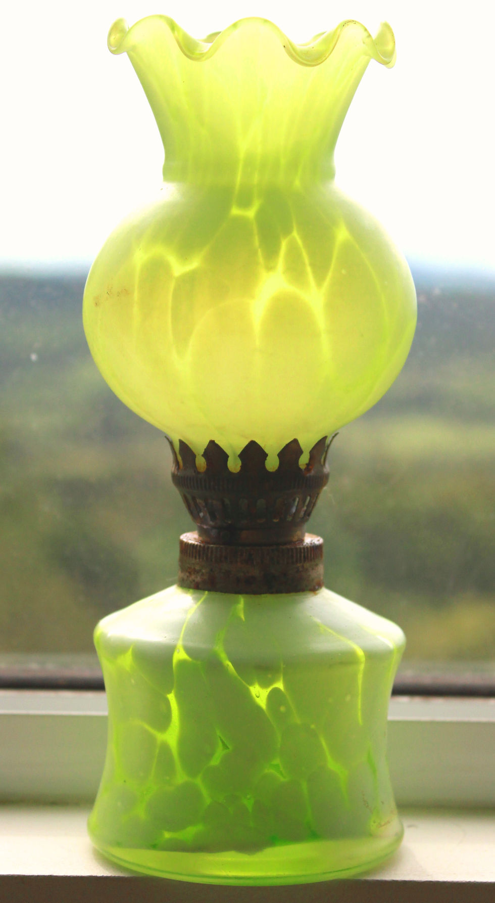 Thumbnail: French Marbleized Green Glass Oil Lamp