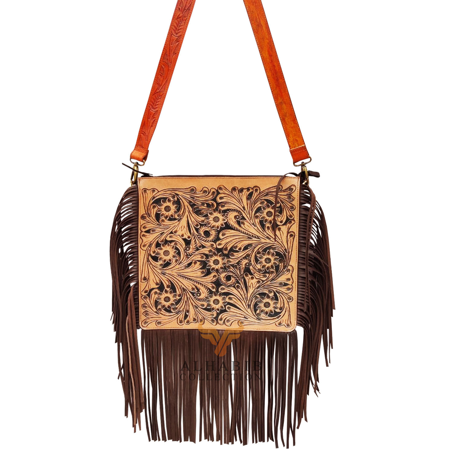 Cowhide Tooled Front Tote Bag with Tassel 021 (AHCTB014)