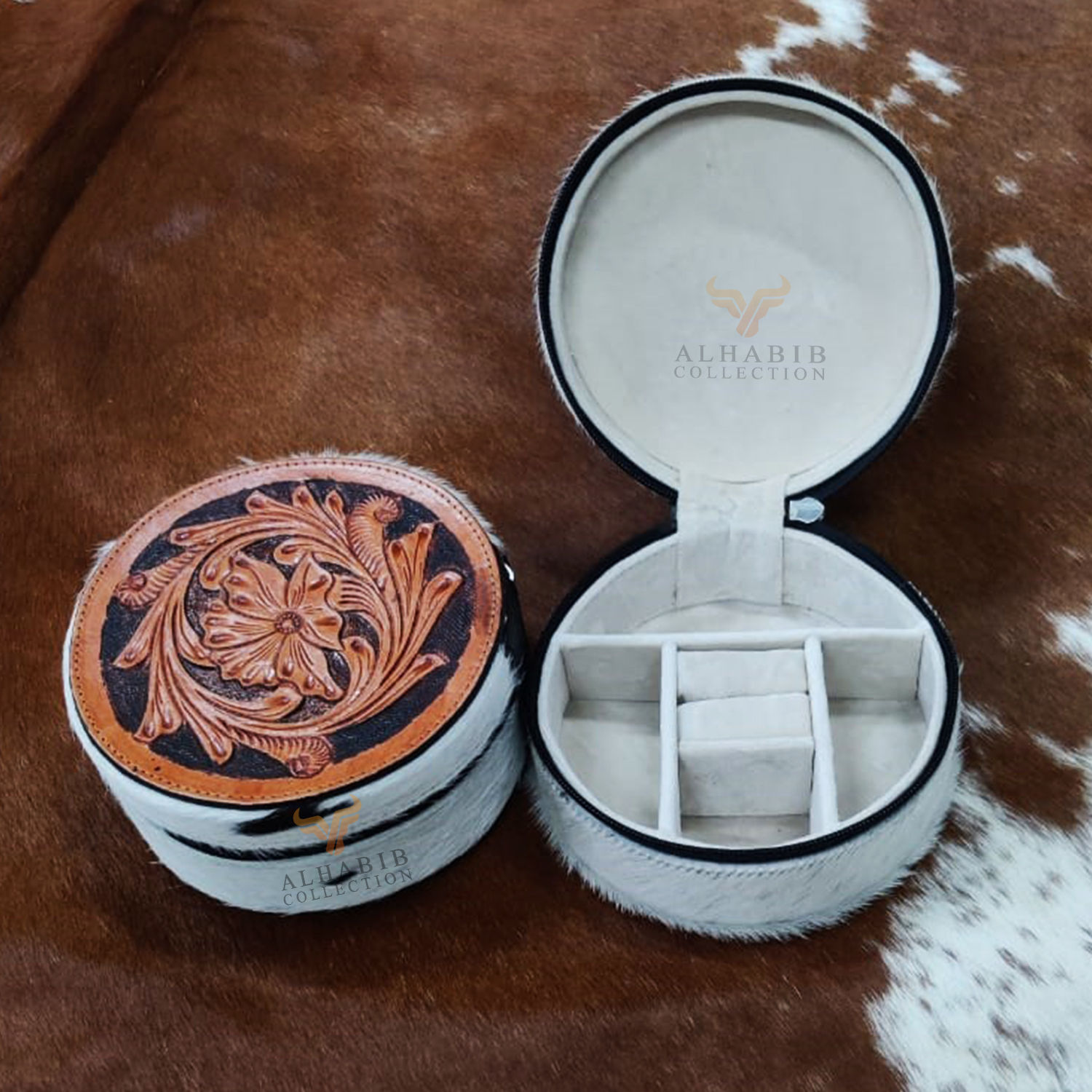 Cowhide Tooled Small Jewellery Box 02 (AHCJB005)