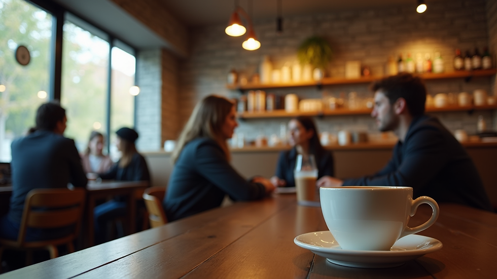 Eye-level view of a cozy coffee shop interior with people engaged in conversation