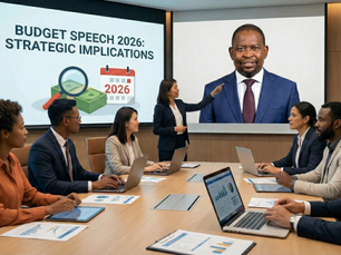 HR leaders and executives in a boardroom reviewing Budget Speech 2026 strategic implications, discussing financial planning, workforce strategy, and business response in South Africa.