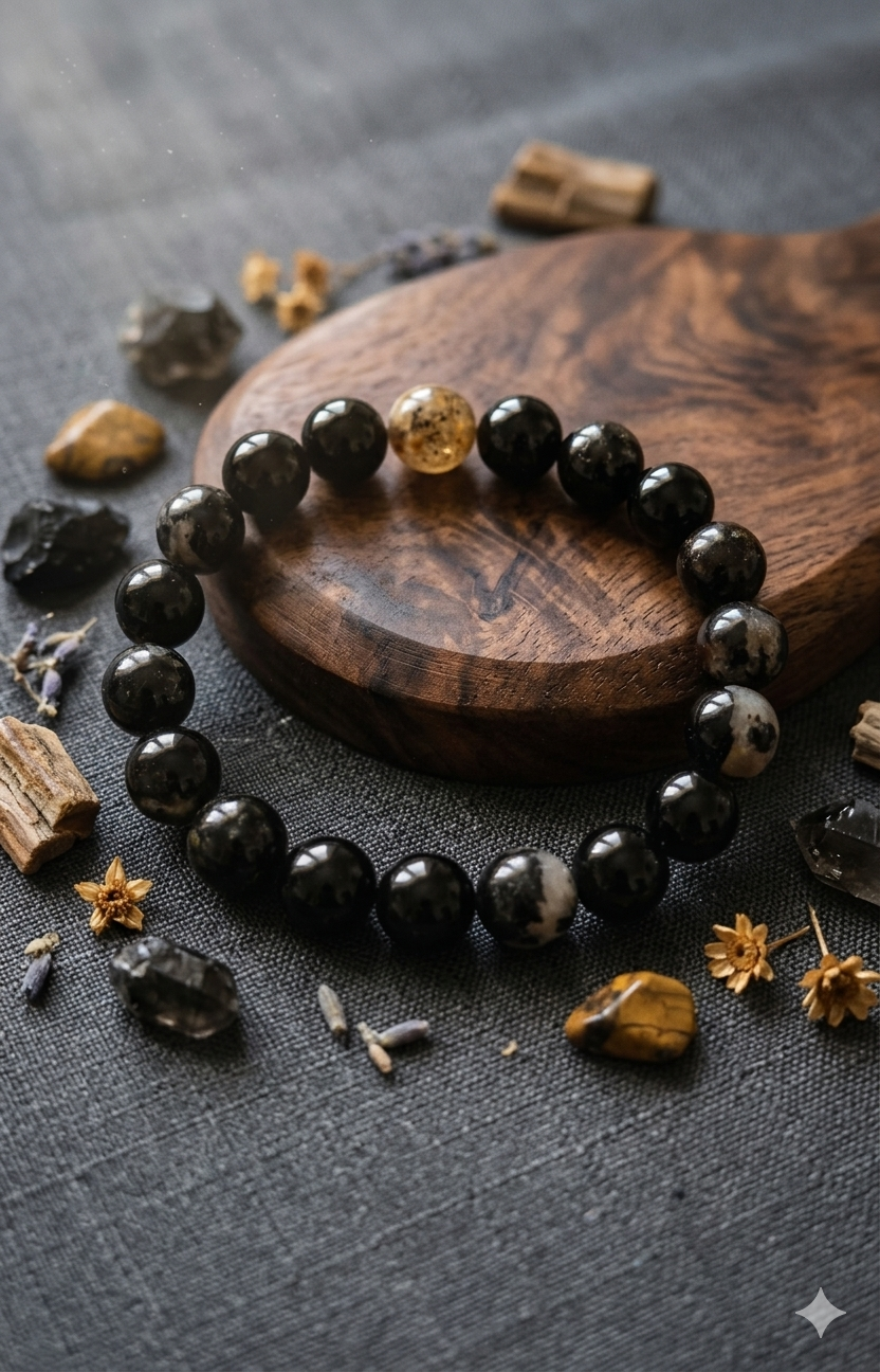 Bracelet homme boule 10 mm Tourmaline Noire avec Quartz