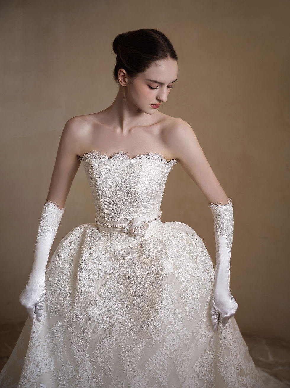 lace ball gown wedding dress with strapless neckline