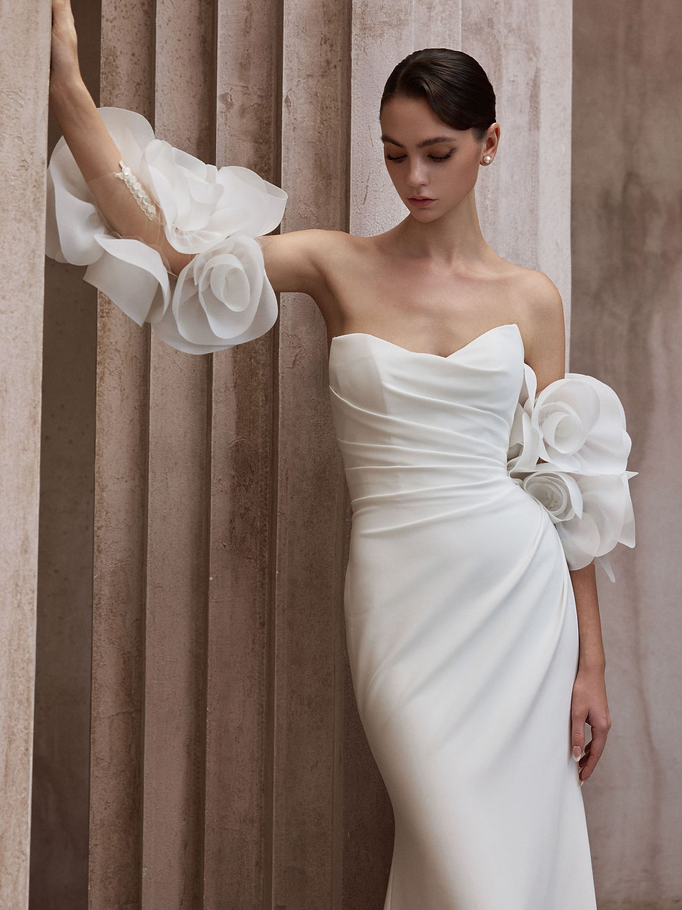 Thumbnail: satin mermaid wedding dress with floral sleeves Orange County bridal boutique