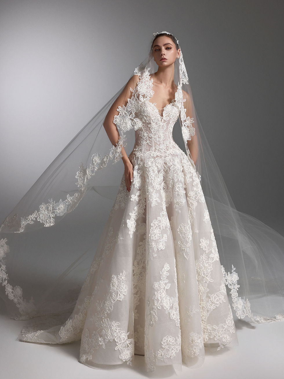 Thumbnail: luxury lace ball gown bridal gown with cathedral train Orange County