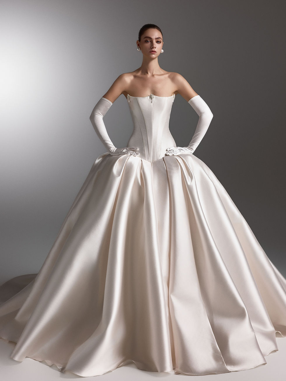designer satin ball gown wedding dress Orange County bridal boutique