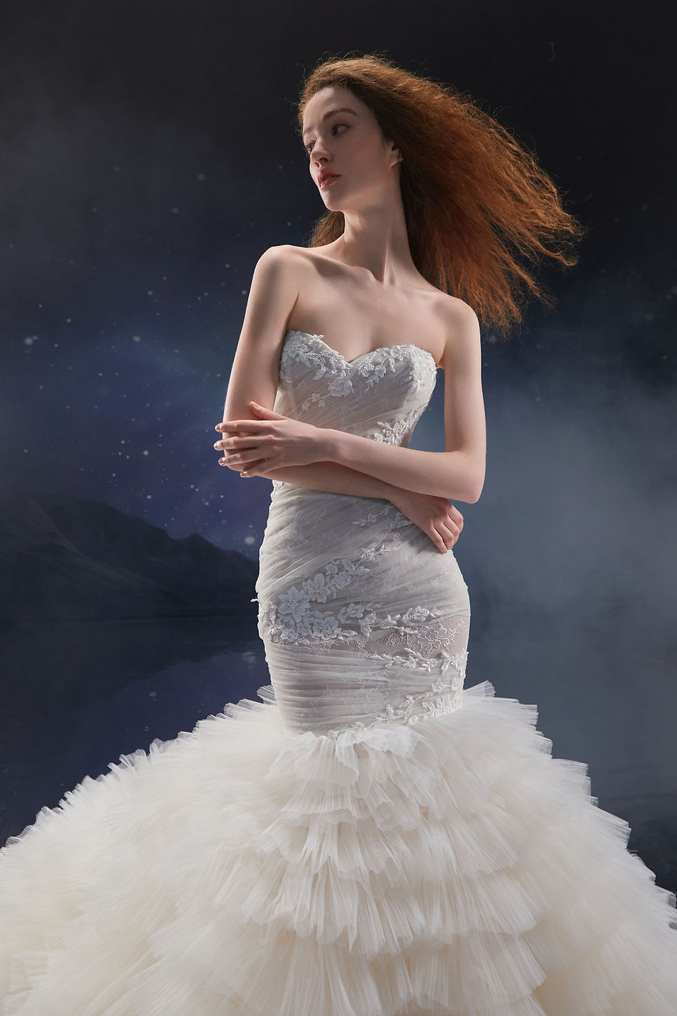 Thumbnail: Strapless bridal gown with fitted lace bodice and dramatic pleated mermaid tulle skirt.