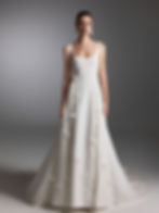 minimalist satin A-line wedding dress with structured bodice and smooth skirt