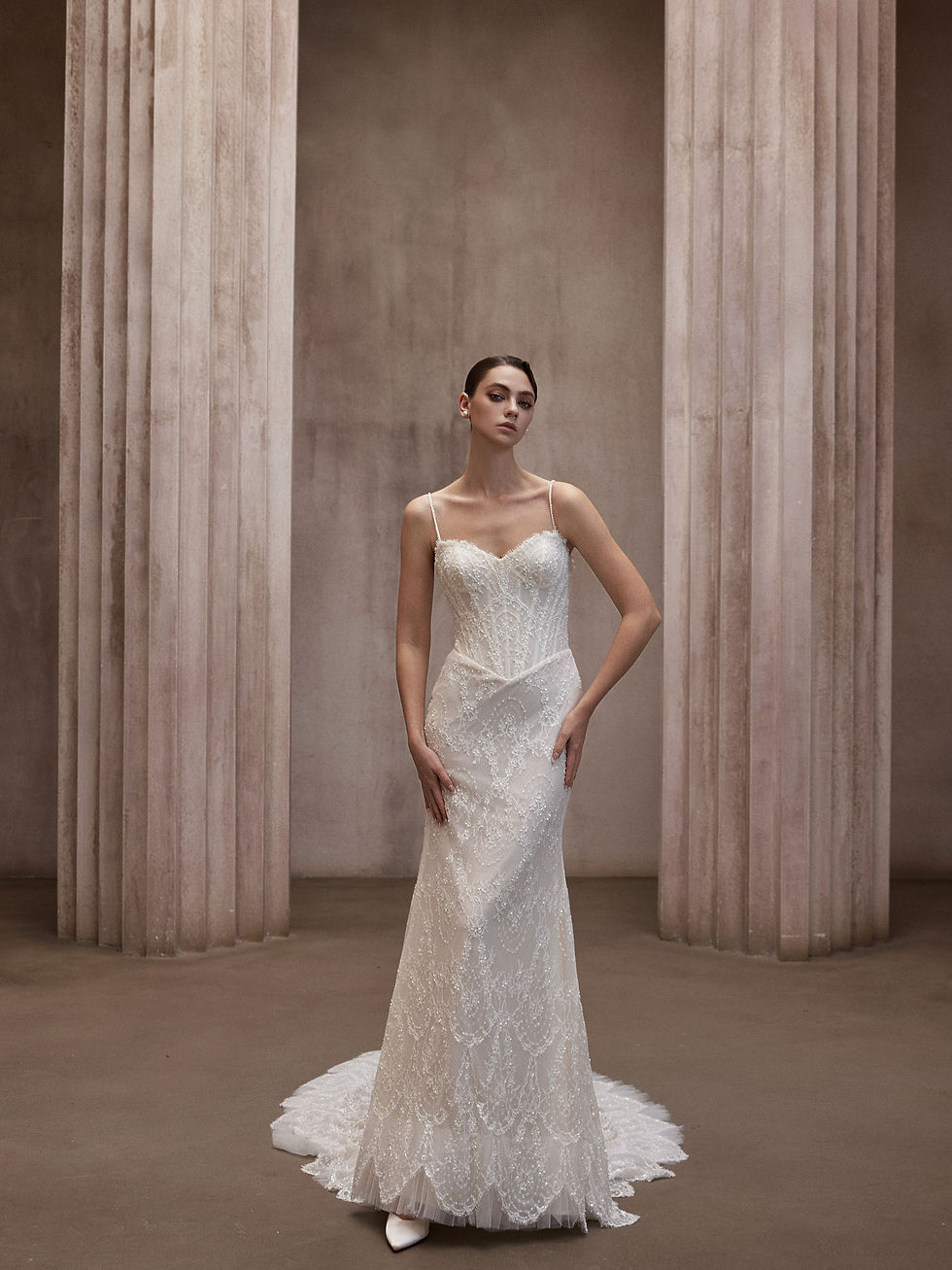 Thumbnail: elegant lace mermaid wedding dress full length Santa Ana bridal shop