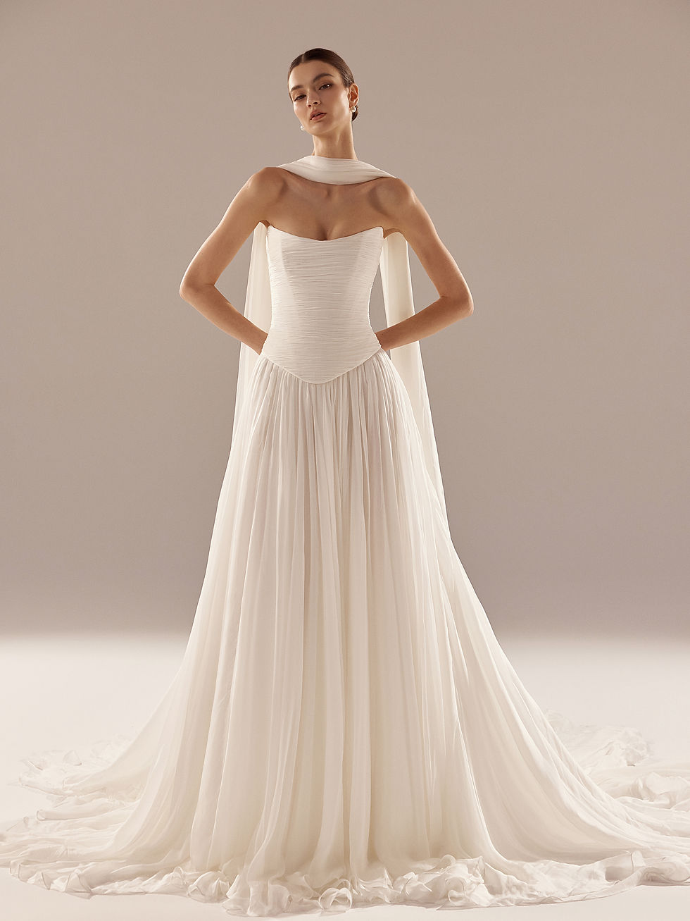 100% silk wedding dress with strapless corset and flowing A-line skirt