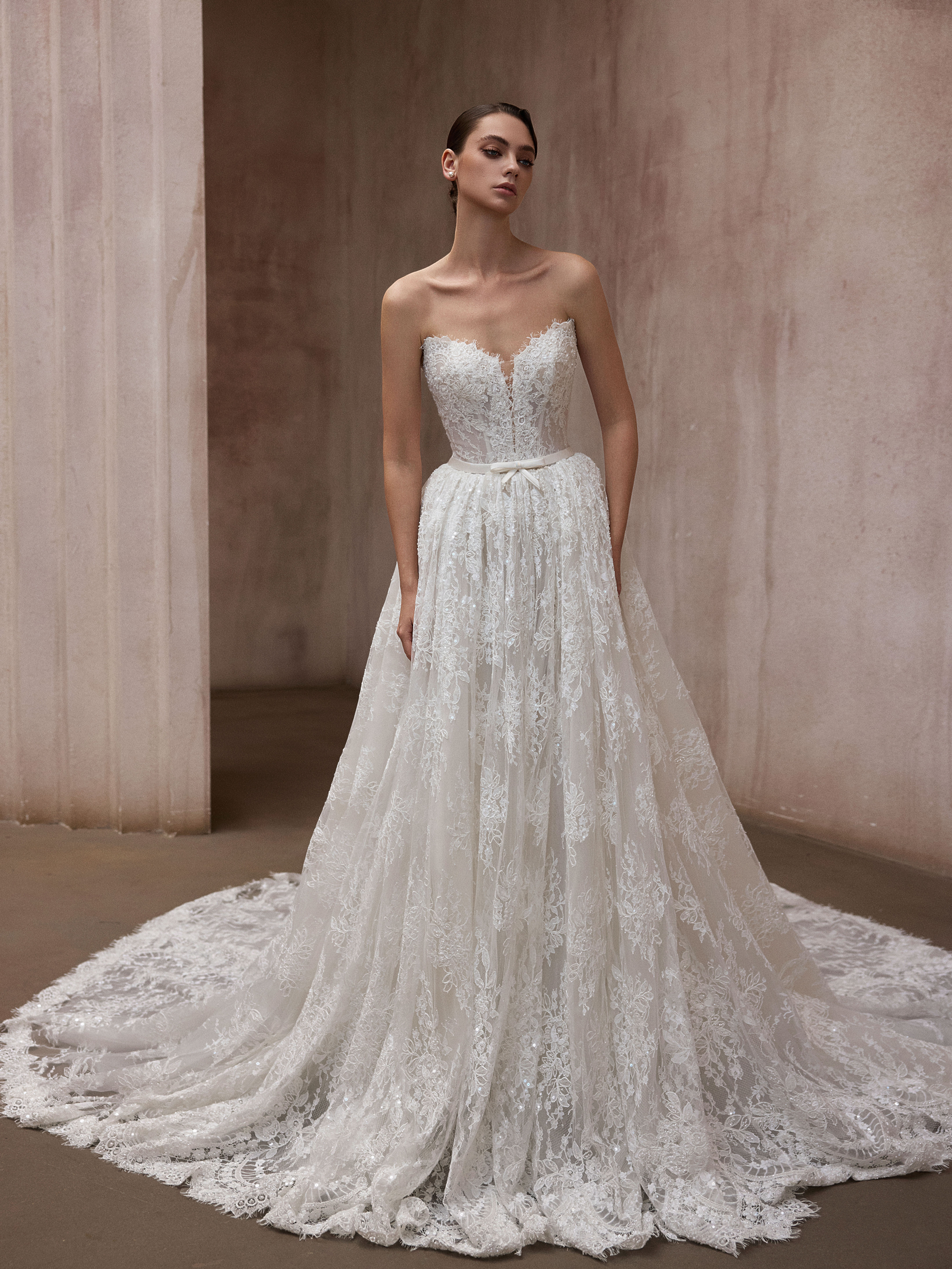 strapless lace wedding dress sweetheart neckline Cherie Amor Bridal