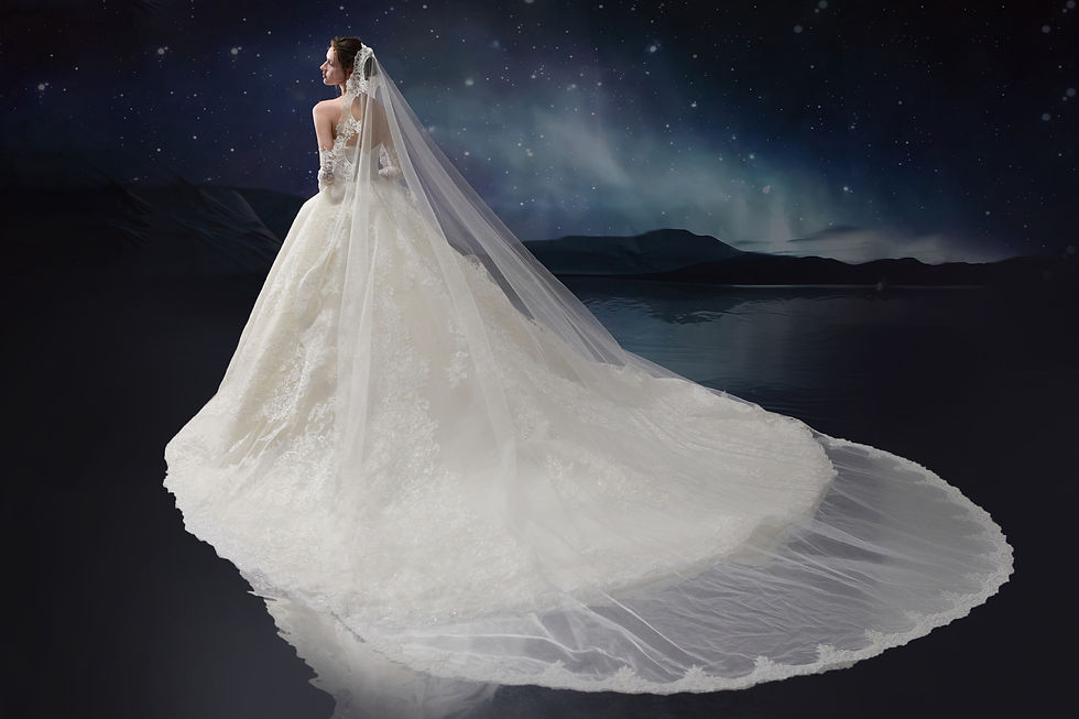 Thumbnail: Off-shoulder lace bridal ball gown with long sleeves and cathedral-length embroidered veil.