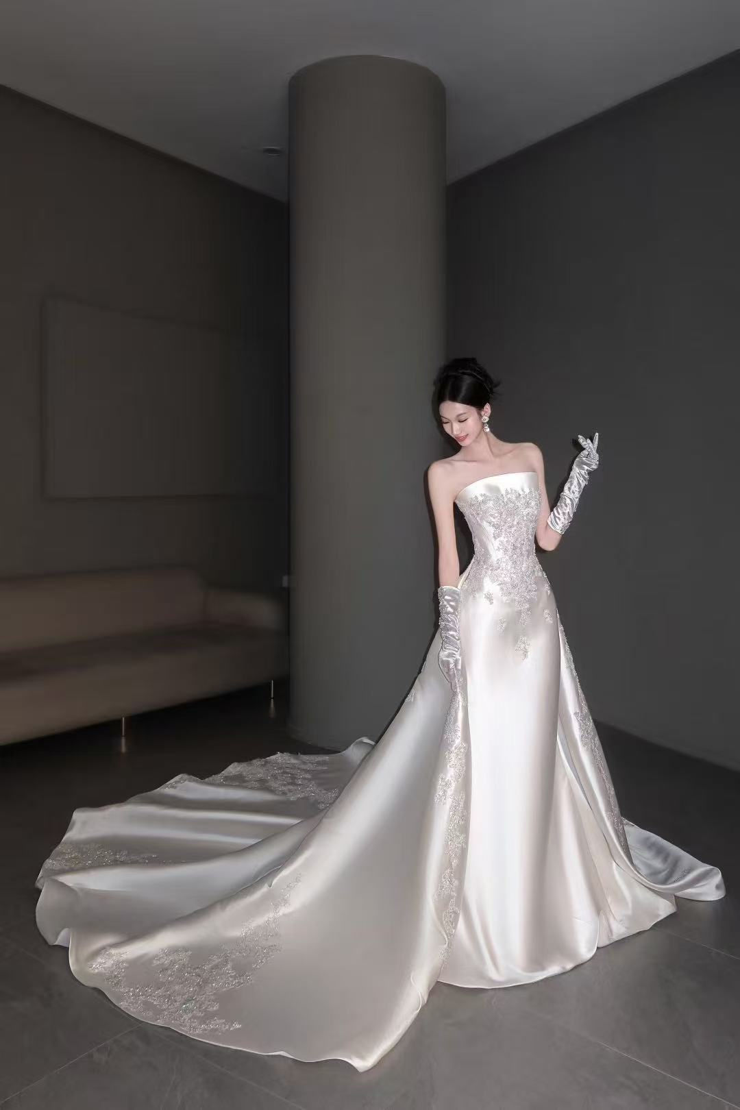 strapless satin bridal gown