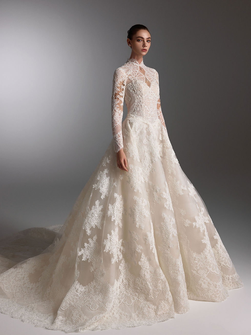 Thumbnail: lace high neck ball gown wedding dress from Orange County bridal boutique