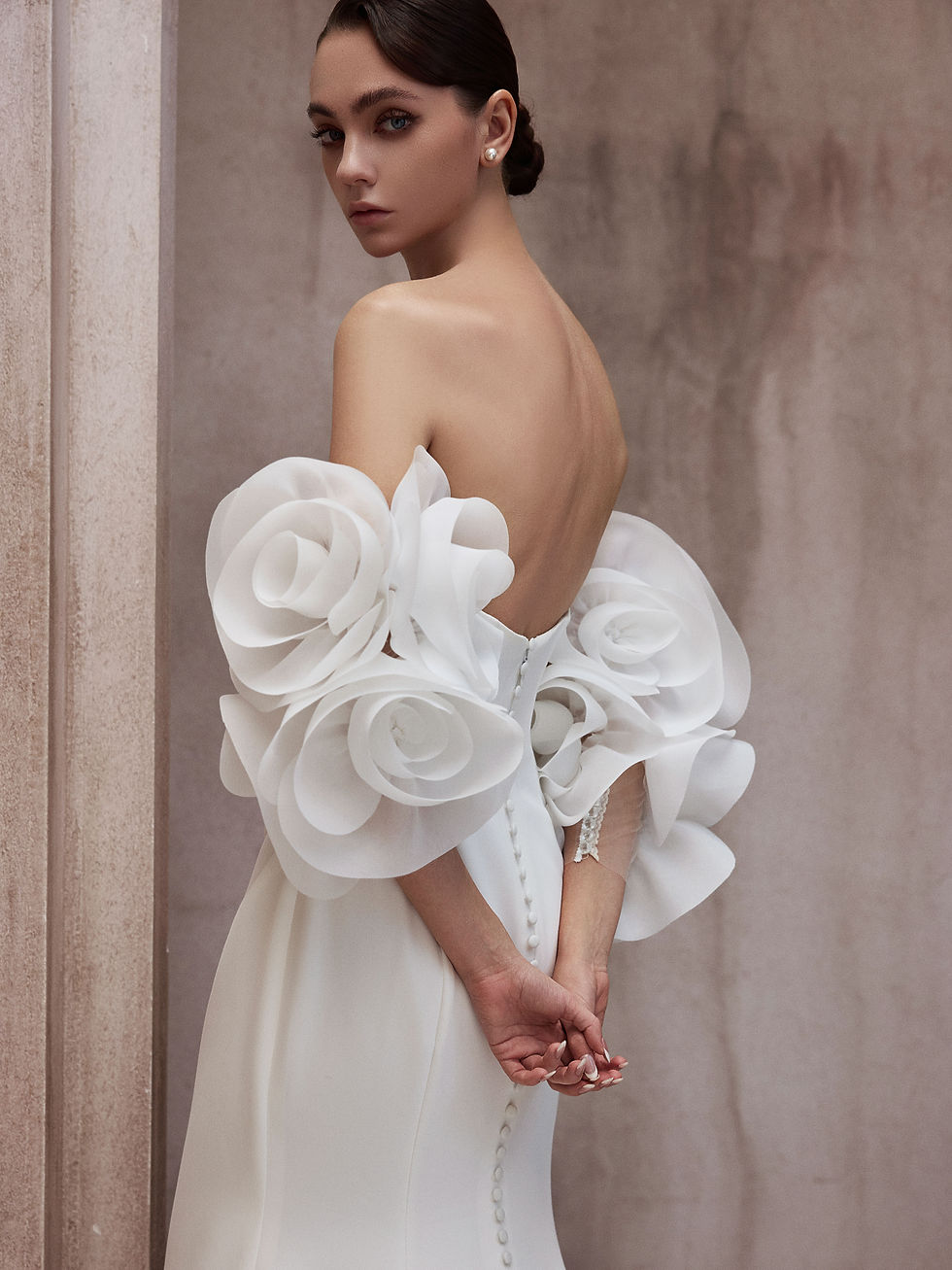 Thumbnail: satin mermaid wedding dress with floral sleeves Orange County bridal boutique