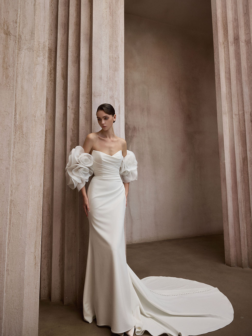 Thumbnail: satin mermaid wedding dress with floral sleeves Orange County bridal boutique