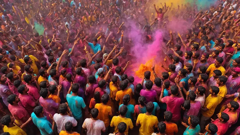 High angle view of people participating in the Holi festival with vibrant colors