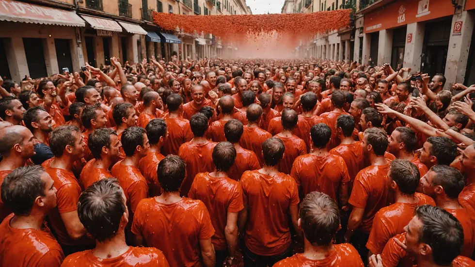Eye-level view of a street covered in tomatoes and participants during La Tomatina