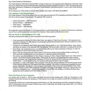 Community Letter from the Yomba Shoshone Tribal Election Board