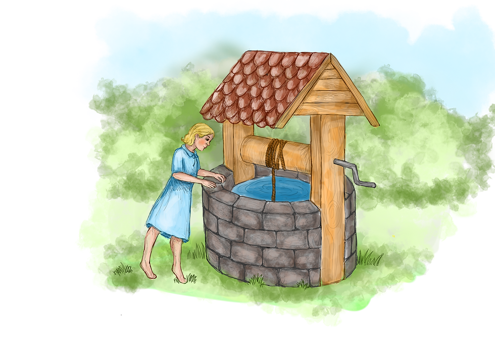 Flicka tittar ner i brunnen