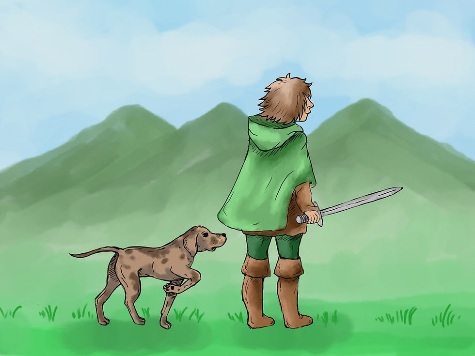 Man med svärd tittar ut över bergen tillsammans med sin hund.