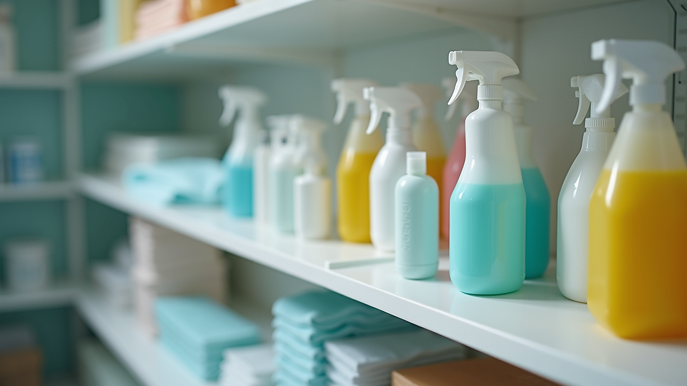 Close-up view of cleaning supplies arranged neatly on a shelf