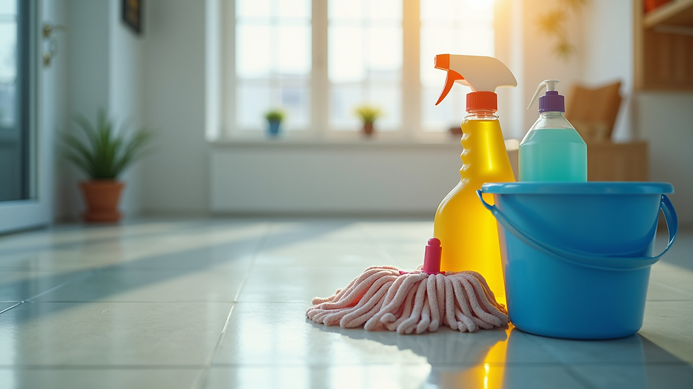 Close-up view of cleaning equipment including mop, bucket, and cleaning solutions