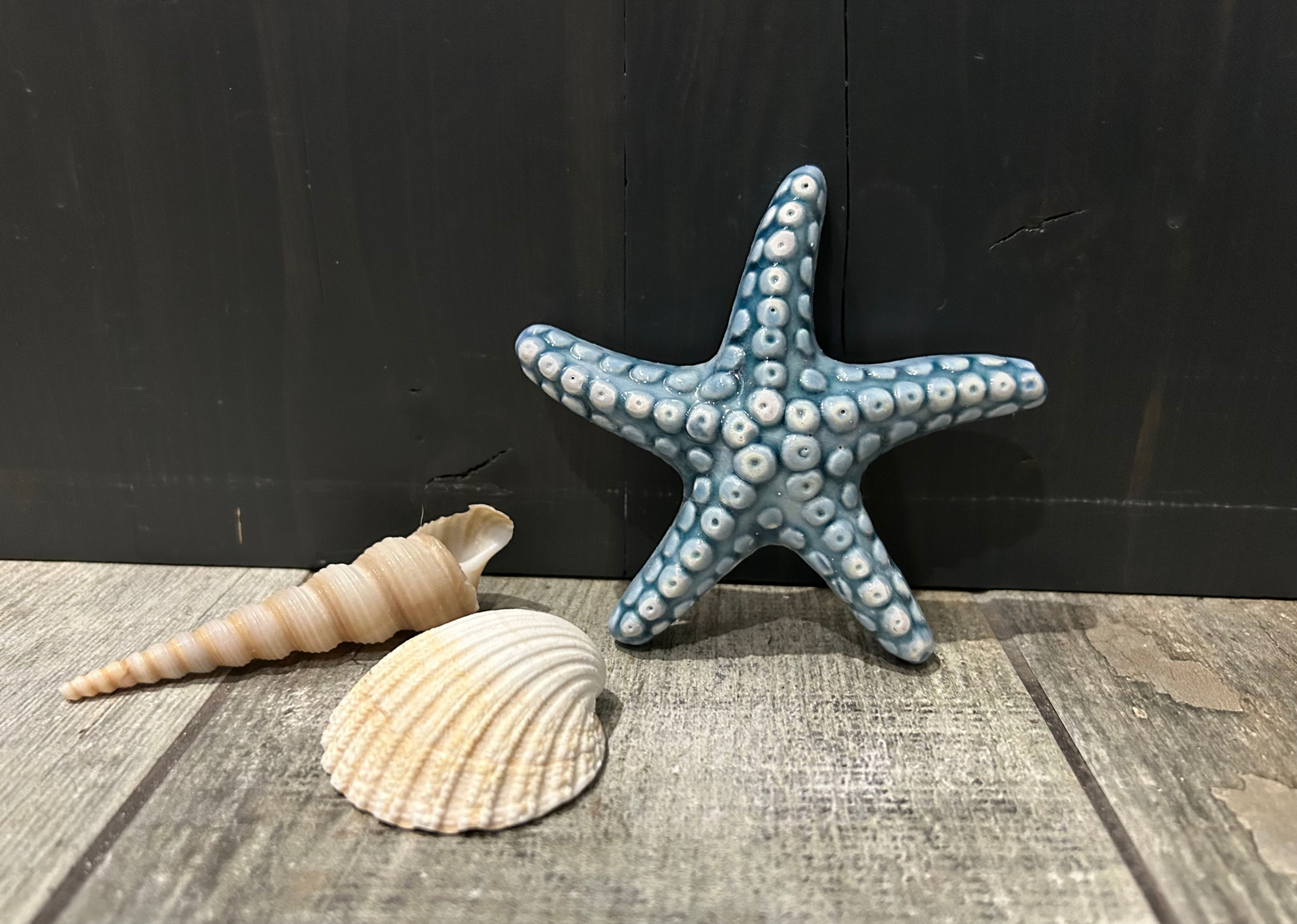 Glazed porcelain small textured blue starfish ornament. 10cm