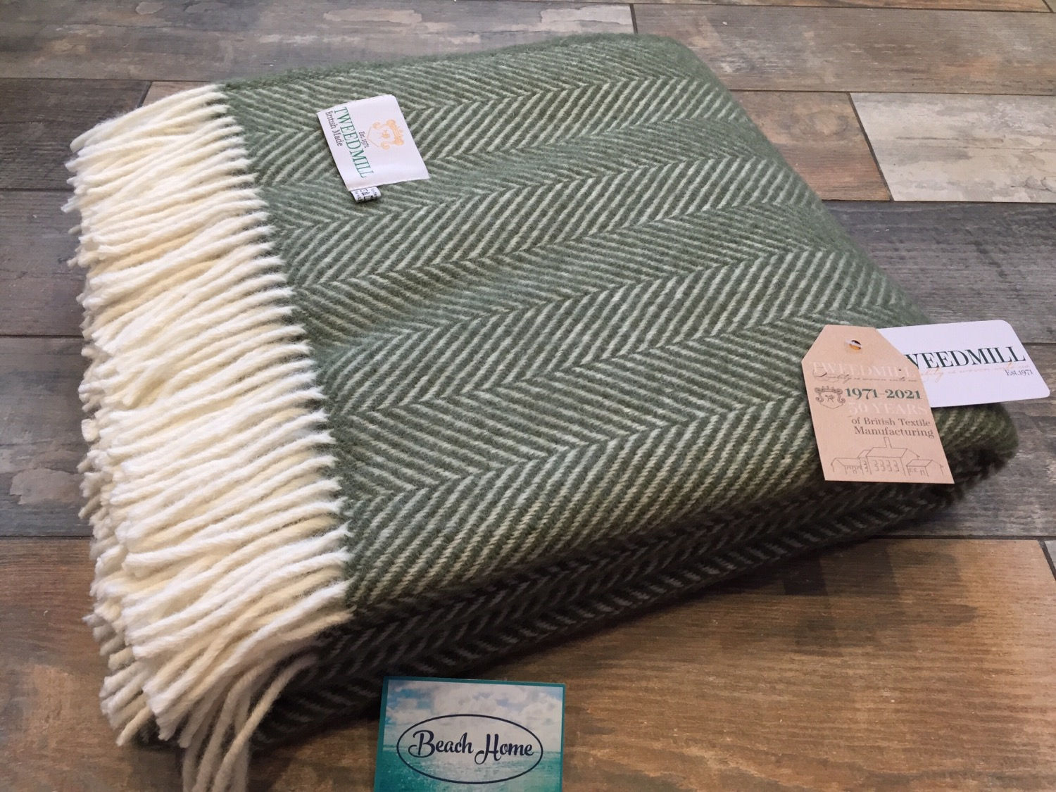 Tweedmill Textiles Pure New Wool Olive Green/Cream Fishbone Throw/Blanket