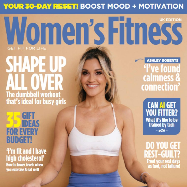 Woman in sports bra and leggings doing yoga pose on magazine cover
Fitness magazine cover featuring a smiling woman in activewear