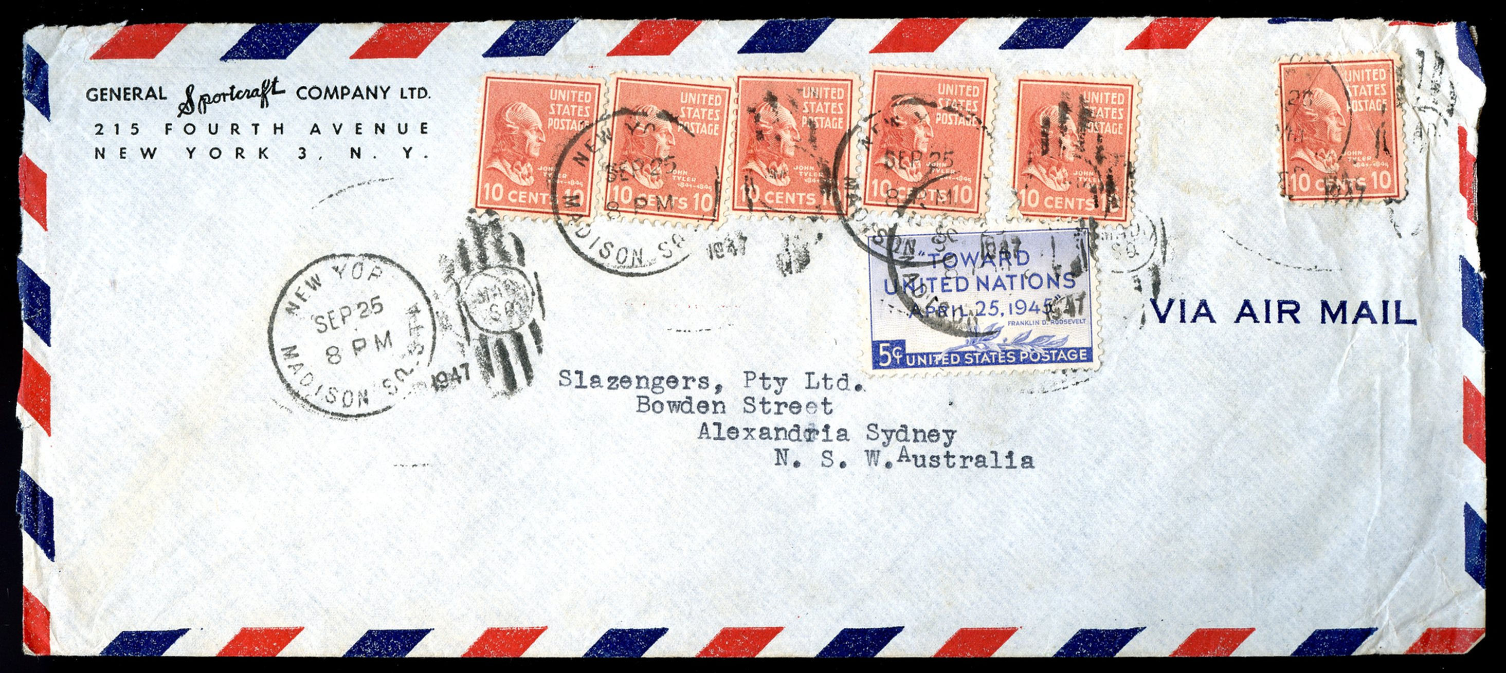 U.S. Scott 815 (6) Prexies and  Scott 928 on Air Mail to Australia