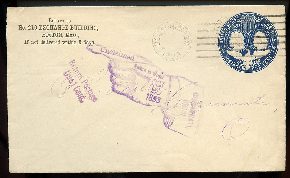 U.S. Scott U348 1893 Stamped Envelope w/Unclaimed & Return Postage Due ...