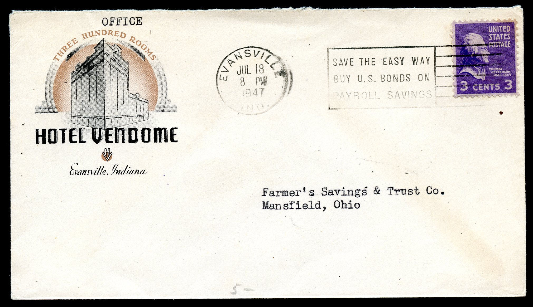 U.S. Scott 807 3 Cent Prexie on Double-Sided Ad Cover for Hotel Vendome