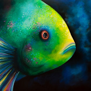 Acrylic painting on canvas of a yellow and green fish.  Blue and black background behind