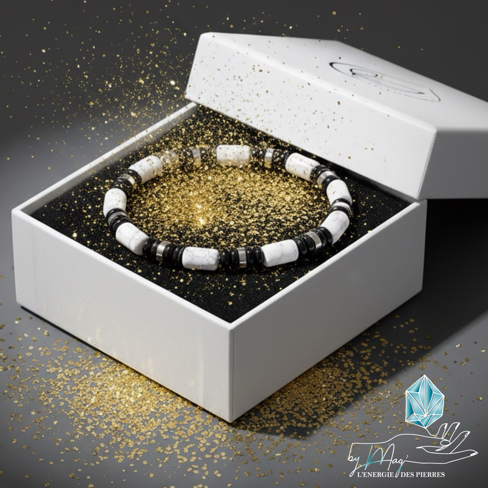 Bracelet Obsidienne noire Howlite argenté