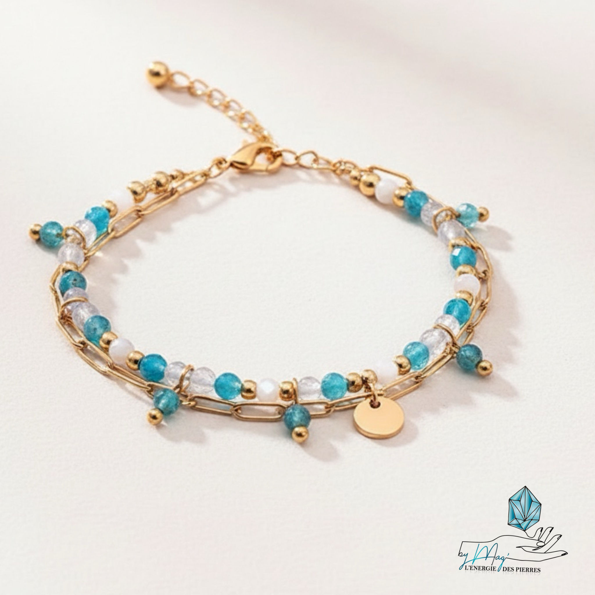 Bracelet doré double Aigue marine Apatite bleue