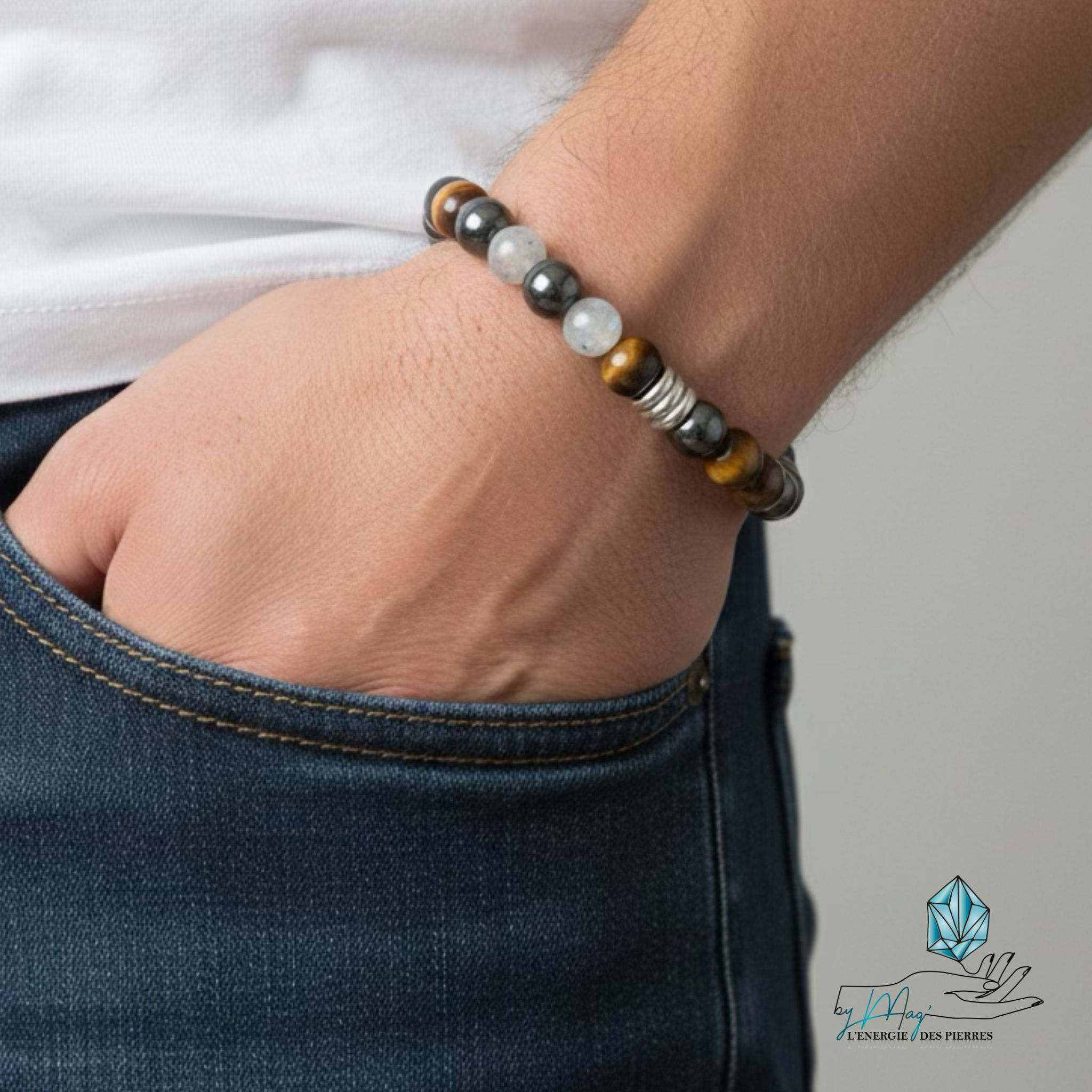 Bracelet argenté Labradorite Hématite Œil de Tigre 8 mm