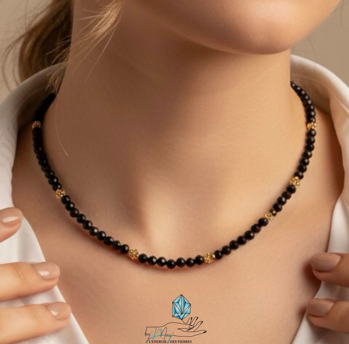 Collier en Spinelle noir perle facettées 4 mm