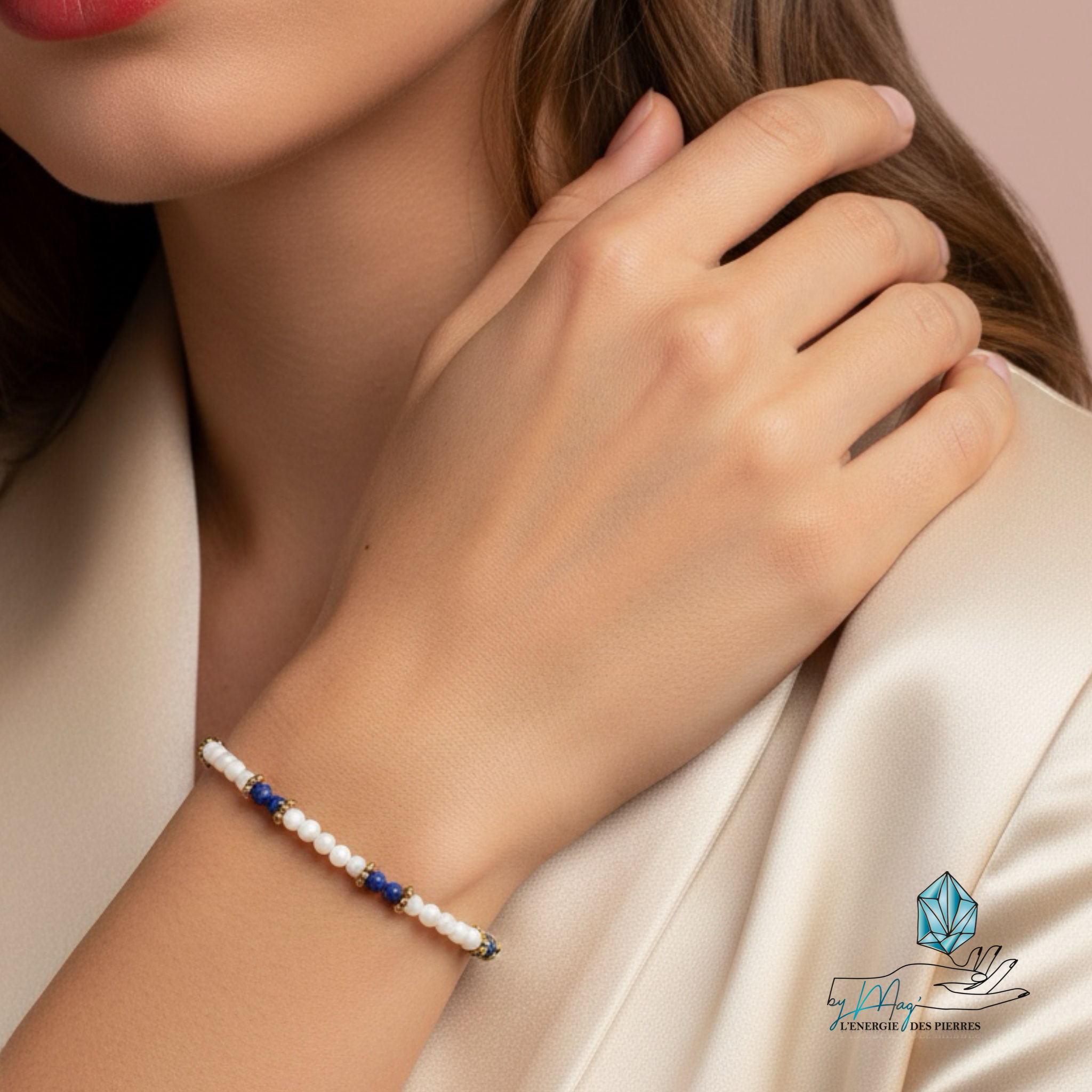 Bracelet ajustable doré Nacre et Lapis Lazuli