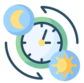 Ilustração do ciclo circadiano com um relógio, sol e lua, representando a regulação natural do corpo pelo ritmo biológico.