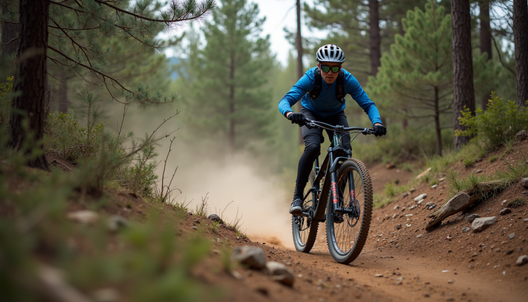 Wide angle view of a mountain biker riding on a forest trail in Utah