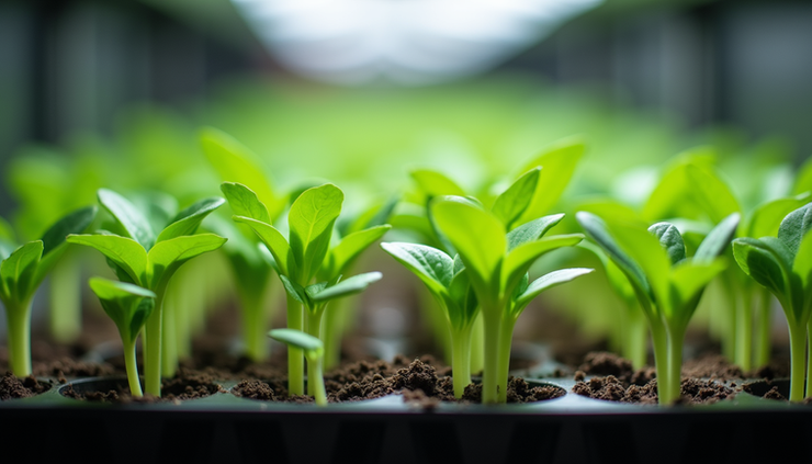 Close-up of seed trays with young seedlings under grow lights