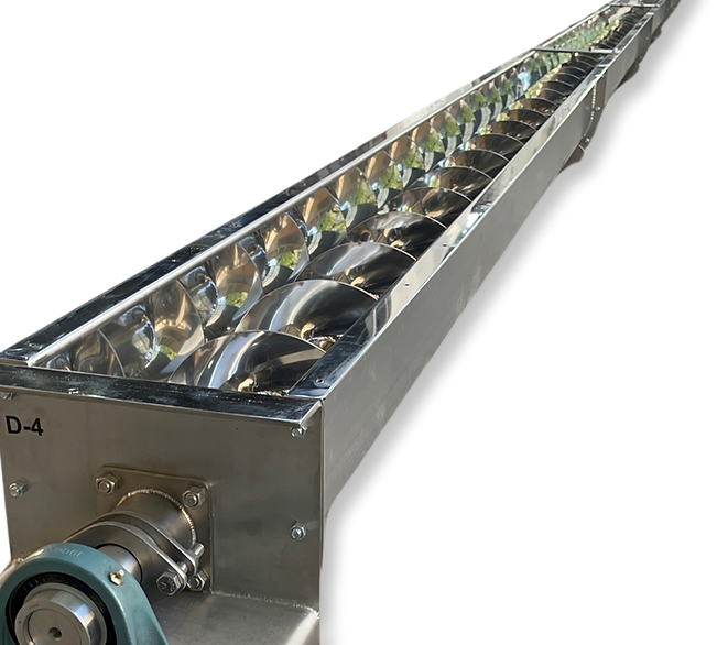 un transportador helicoidal de 6 metros de longitud con acabados espejo, para la industria de alimentos y farmacéutica.
