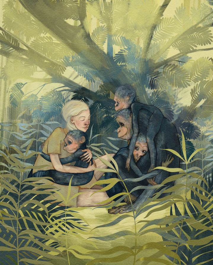 Woman embraces chimpanzees in forest, ILLUSTRATIONS, surrounded by green foliage, mishaiver